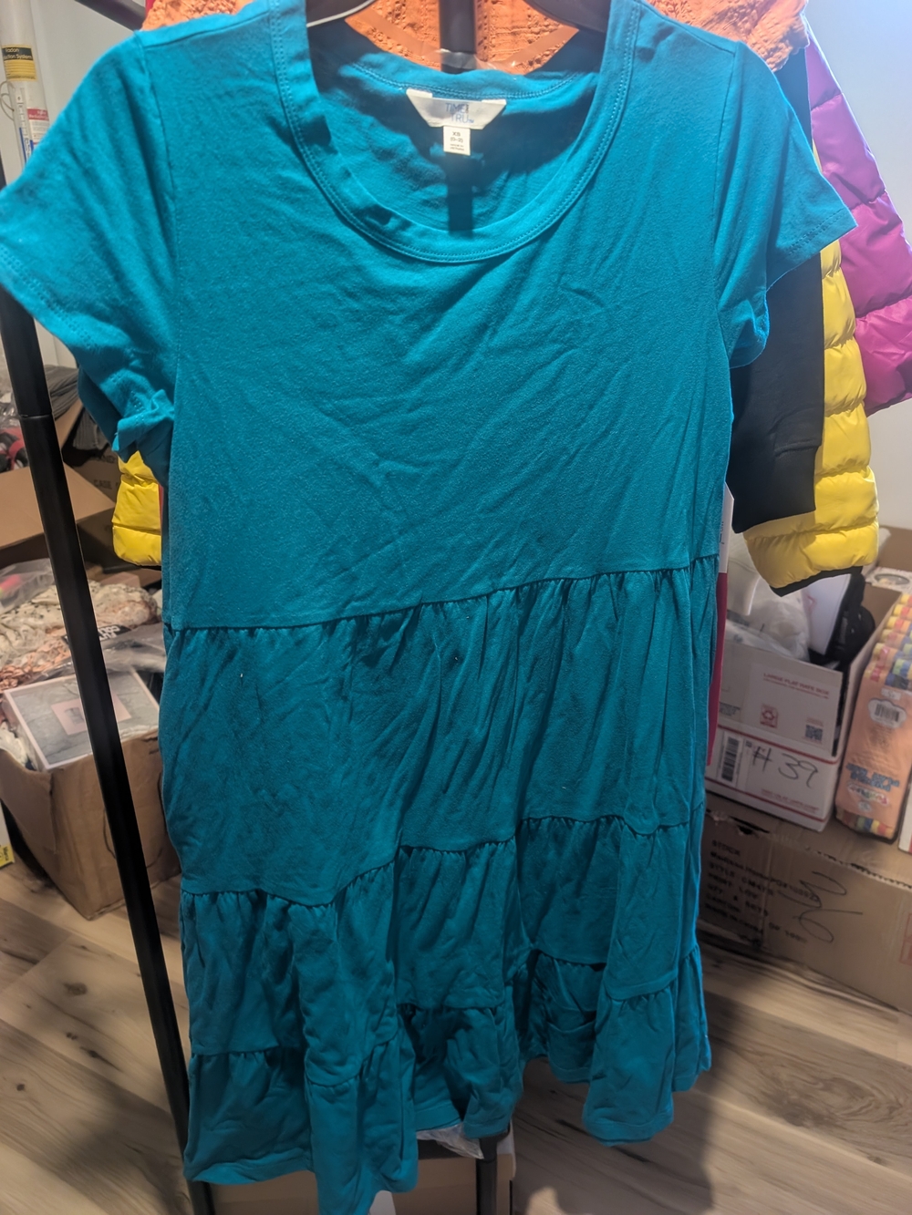 Time and Tru Teal Tiered Short-Sleeve Mini Dress